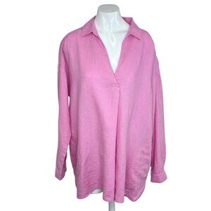 Fat Face Saunton 100% Linen Shirt, Long Sleeve, Longline, V-Neck, Pink, Size 14
